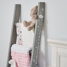 Load image into Gallery viewer, BABY BLANKET HOLDER! A decorative blanket ladder is just the accent needed to finish a nursery. Customers are loving how convenient the ladder stores blankets, swaddles, and more! Next time you are putting the little one to bed or taking a baby milestone photo it&#39;ll be right there on the ladder. One of the most important aspects of a nursery is functionality and organization. Our nursery blanket ladder is both functional and adorable. Height: 5&#39;3, Width: 1.5&quot; Depth: 3&quot;. Light Gray
