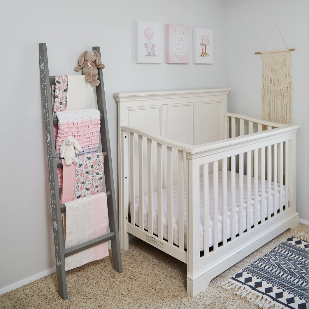 BABY BLANKET HOLDER! A decorative blanket ladder is just the accent needed to finish a nursery. Customers are loving how convenient the ladder stores blankets, swaddles, and more! Next time you are putting the little one to bed or taking a baby milestone photo it'll be right there on the ladder. One of the most important aspects of a nursery is functionality and organization. Our nursery blanket ladder is both functional and adorable. Height: 5'3, Width: 1.5