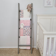 Load image into Gallery viewer, BABY BLANKET HOLDER! A decorative blanket ladder is just the accent needed to finish a nursery. Customers are loving how convenient the ladder stores blankets, swaddles, and more! Next time you are putting the little one to bed or taking a baby milestone photo it&#39;ll be right there on the ladder. One of the most important aspects of a nursery is functionality and organization. Our nursery blanket ladder is both functional and adorable. Height: 5&#39;3, Width: 1.5&quot; Depth: 3&quot;. Light Gray
