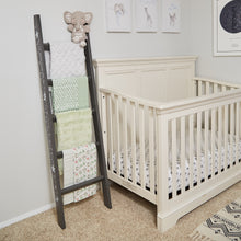 Load image into Gallery viewer, BABY BLANKET HOLDER! A decorative blanket ladder is just the accent needed to finish a nursery. Customers are loving how convenient the ladder stores blankets, swaddles, and more! Next time you are putting the little one to bed or taking a baby milestone photo it&#39;ll be right there on the ladder. One of the most important aspects of a nursery is functionality and organization. Our nursery blanket ladder is both functional and adorable. Height: 5&#39;3, Width: 1.5&quot; Depth: 3&quot;. Dark Gray
